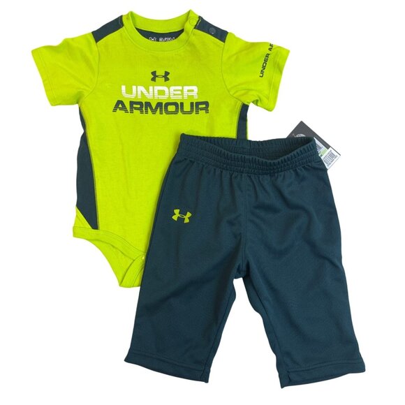 Under Armour Baby Boys Neon Green Bodysuit & Navy Shorts Set Sz 3-6M - New - Picture 1 of 12